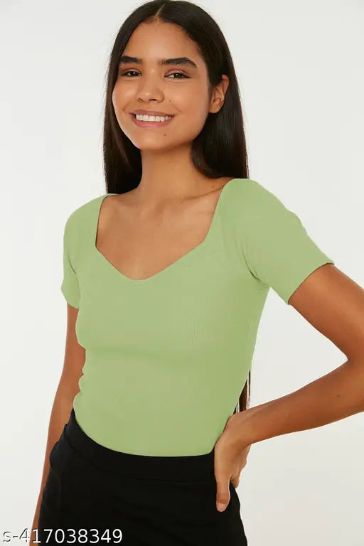 Redamancii Heart Neckline Short Sleeve Casual Ribbed Top for  Girls and Women