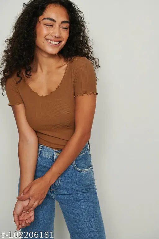 Deep Round Neck Babylock Short Sleeves Ribbed Top