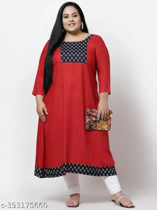 FAZZN Plus Size Rayon Ankle Length Straight Round Neck Red Screen Printed Kurti