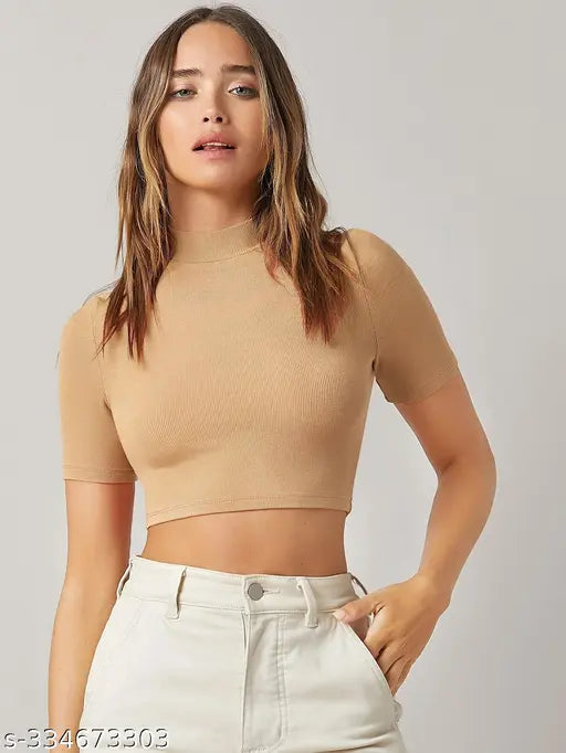 Women Casual Wear Round Neck Half Sleeve Cotton Blend Ribbed Top for girls women