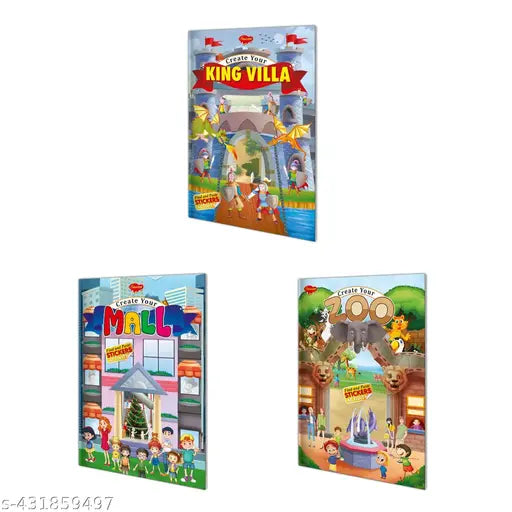 Create Your Kings Villa  Zoo and Mall Sticker Book for kids : Sticker Activity book for kids  Stickers book for kids  Creative sticker book for kids - Set of 3 Sticker book for kids.