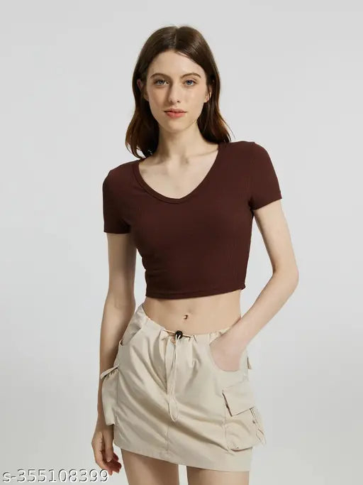 Women Casual Wear V Neck Half Sleeve Cotton Blend Ribbed Crop Top for women and Girls