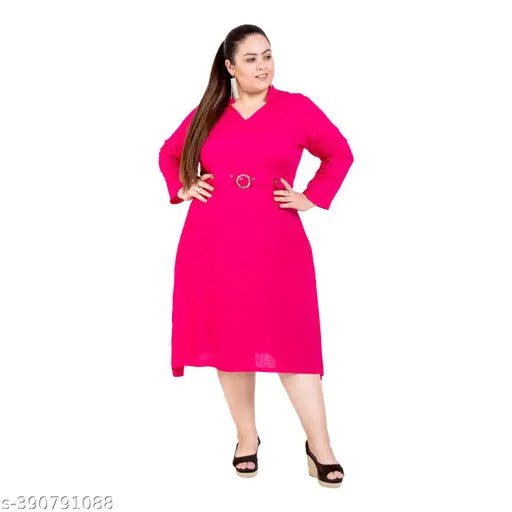 FAZZN Plus Size Pink Rayon Knee Length V Neck Full Sleeves Dress with Customization