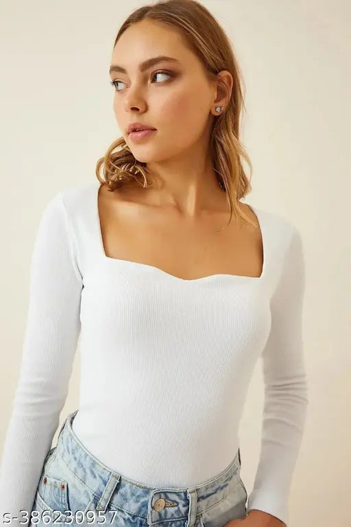 Redamancii Heart Neck Full Sleeve Casual Ribbed Top for  Girls and Women