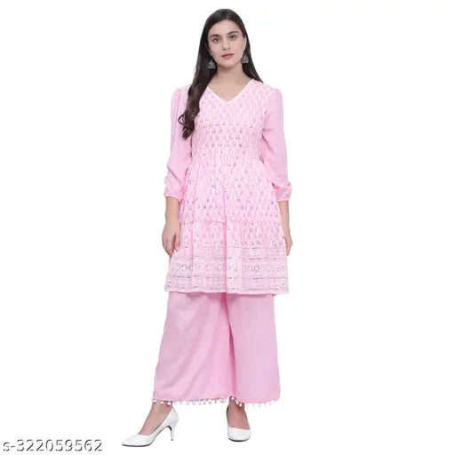 Nature Craft Pink Georgette embroidered  Women Kurti With Palazzo