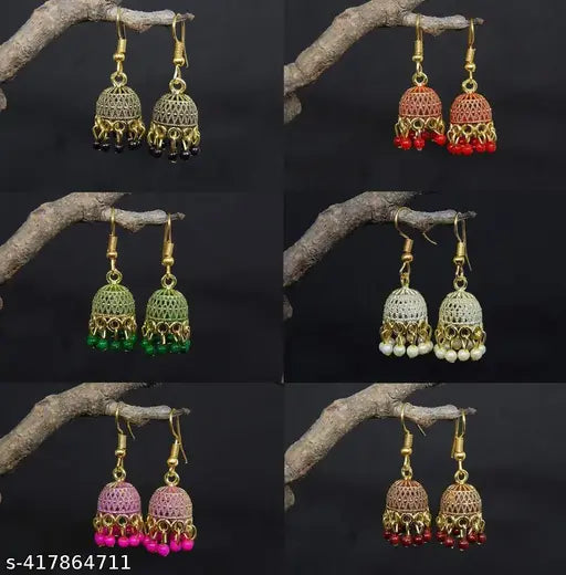 Fresh Vibes Golden Jhumka Earrings Combo for Women (Set of 6) - Small Size Classic Traditional Simple Hanging Jhumke Ear Rings Set