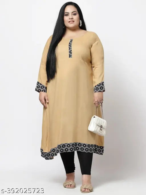 FAZZN Plus Size Beige Rayon Digital Printed Straight Kurti with Customization