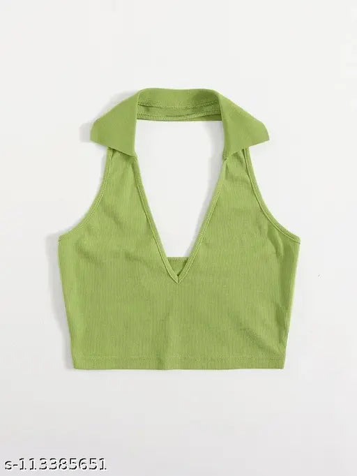 Women Sleveeless Polo Collar Ribbed Solid Crop Tops & Tunics