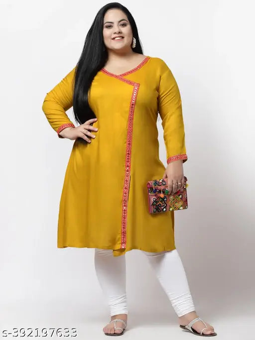 FAZZN Plus Size Yellow Rayon Angrakha Kurti with Round Neck and Full Sleeves