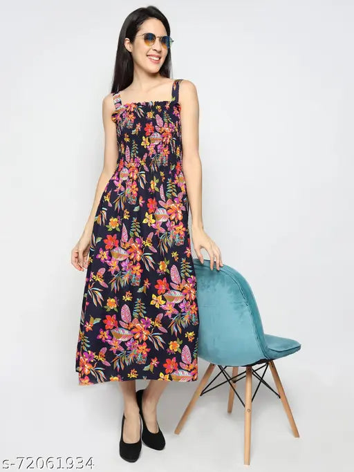 Black Color Floral Printed A-Line Sleeveless Dress