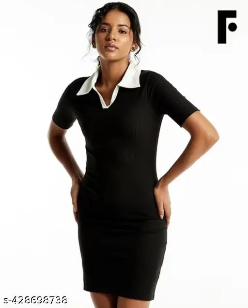 Ribbed bodycon collar dress black