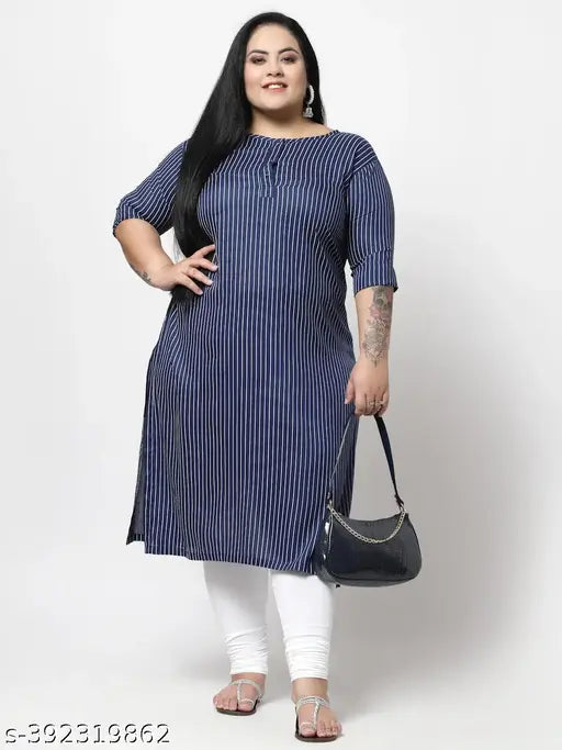 FAZZN Plus Size Blue Rayon Knee Length Kurti with Round Neck and Striped Sleeves