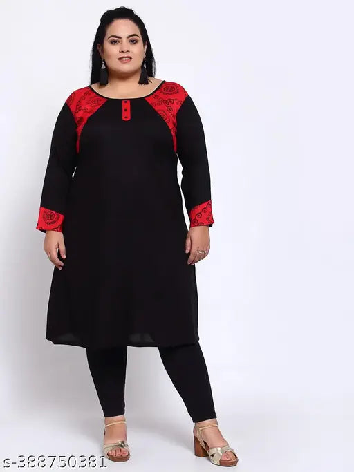 FAZZN Plus Size Black Rayon Knee Length Straight Kurti with Boat Neck and Full Sleeves