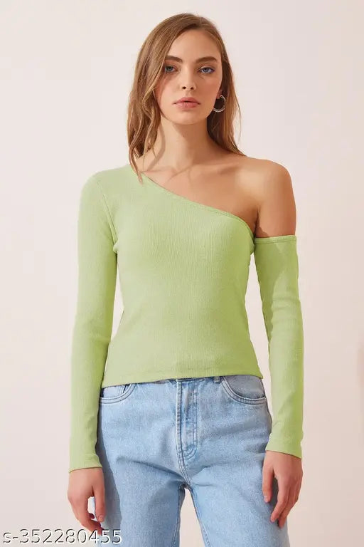 Women Casual Wear One Shoulder One Sleeve Cotton Blend Ribbed Top for woman and Girls
