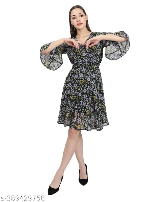 Nature Craft Women Multicolor Georgeot V-neck Floral Print A-Line Dress