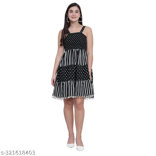 Nature Craft Black Poly Crepe Floral Printed Sleeveless Women Aline Dress