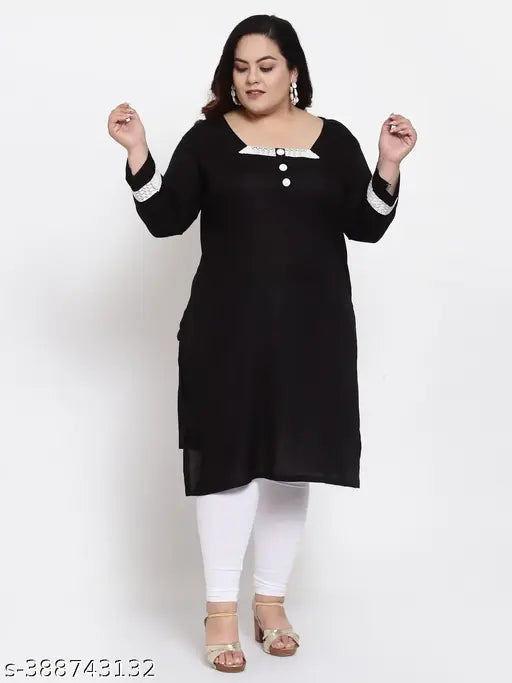 FAZZN Plus Size and Black A-Line Knee Length Rayon Kurti with Square Neck and Full Sleeves