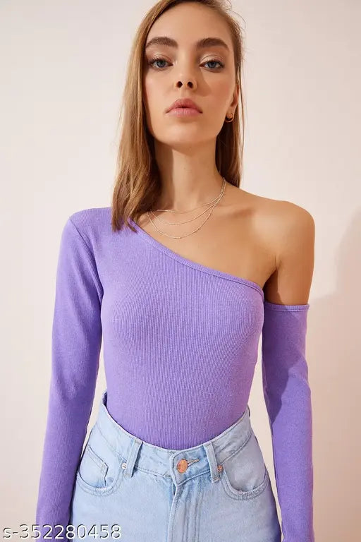 Women Casual Wear One Shoulder One Sleeve Cotton Blend Ribbed Top for woman and Girls