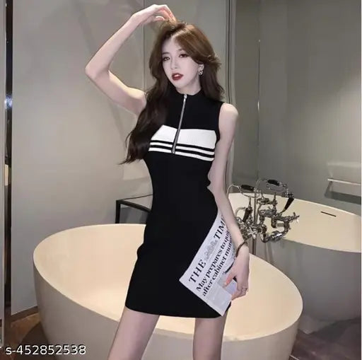 Stylish Mini Line Dress for Women Blackwhite Color One Pieces Mini Line Dresses for Women.