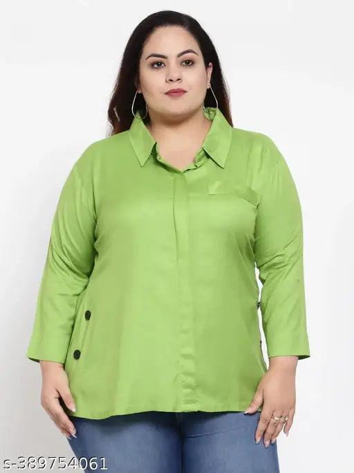 FAZZN Plus Size Green Rayon Collared Full Sleeves Top