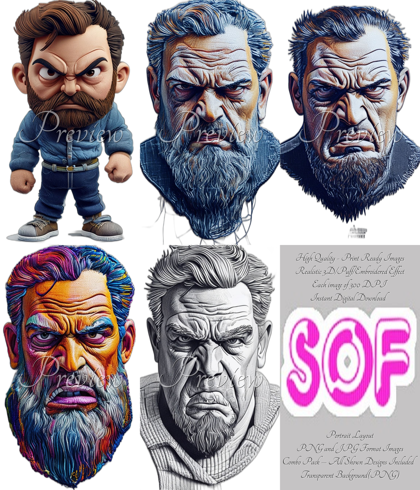 Angry Man #style1 Theme Pack of 5 Digital Images | 300 DPI Printable Art | Print on Demand Images