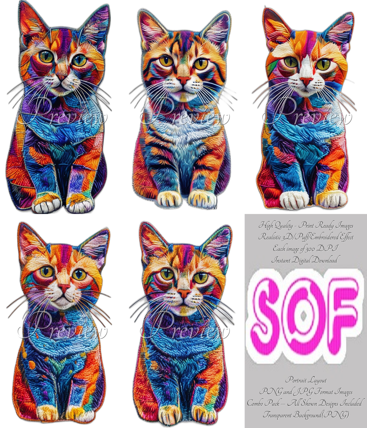 Colorful Cat #style1 Theme Pack of 5 Digital Images | 300 DPI Printable Art | Print on Demand Images