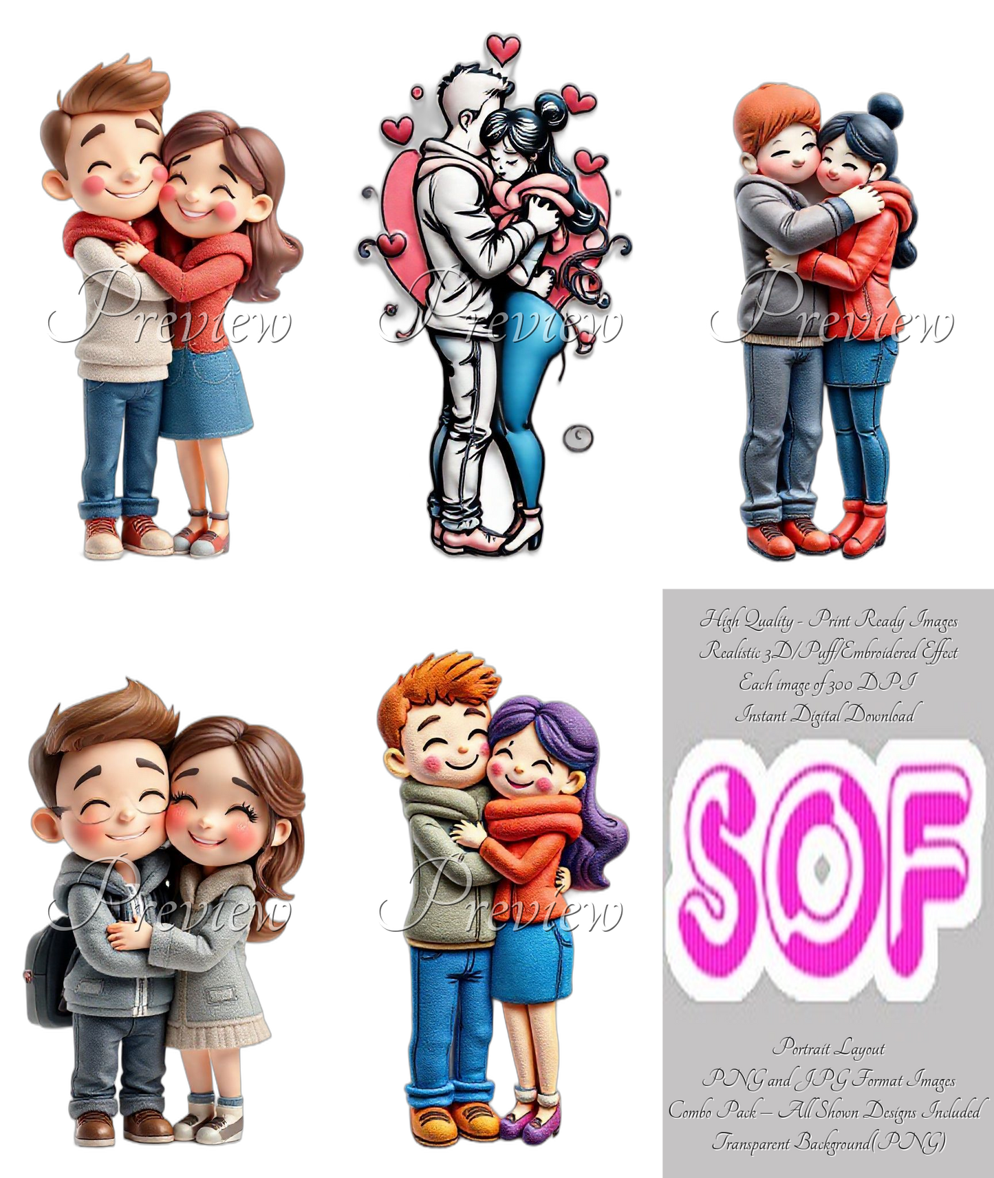 Couples Hugging Theme Pack of 5 Digital Images | 300 DPI Printable Art | Print on Demand Images