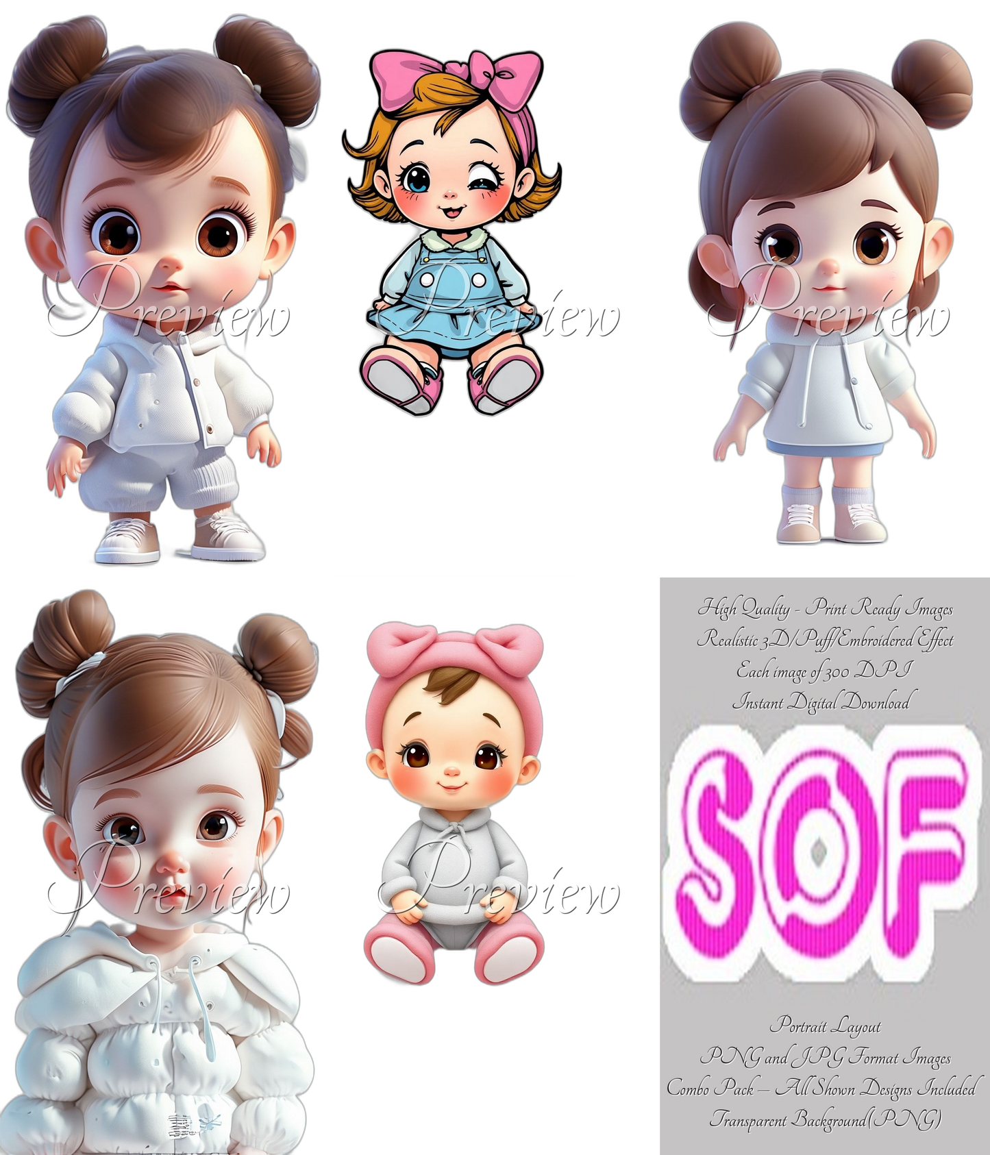 Cute Baby Girl Style#1 Theme Pack of 5 Digital Images – 300 DPI Printable Art | Ready to Print | Print on Demand Image | Instant Download