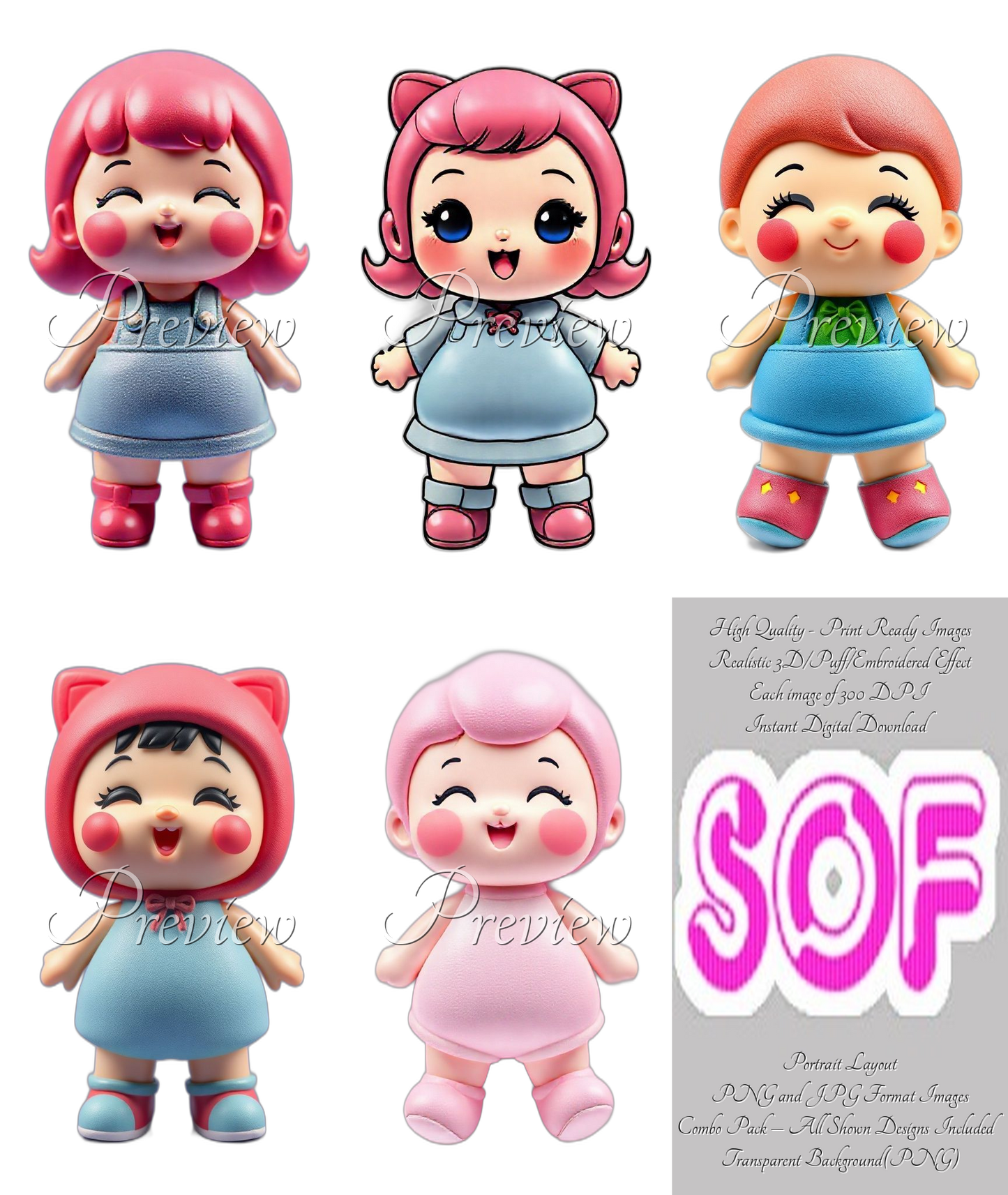 Cute Doll Theme Pack of 5 Digital Images – 300 DPI Printable Art