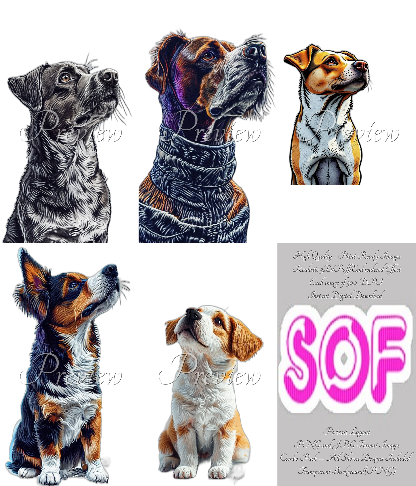 Dog #style1 Theme Pack of 5 Digital Images – 300 DPI Printable Art