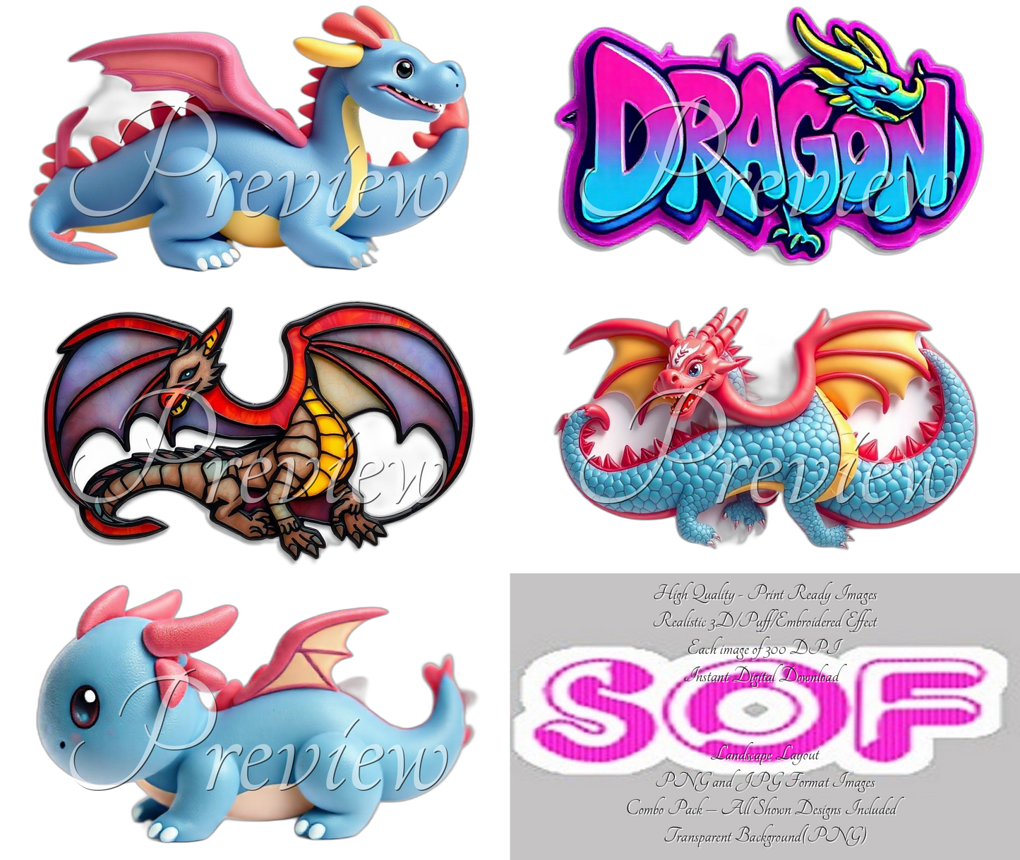 Dragon #set1 Theme Pack of 5 Digital Images – 300 DPI Printable Art