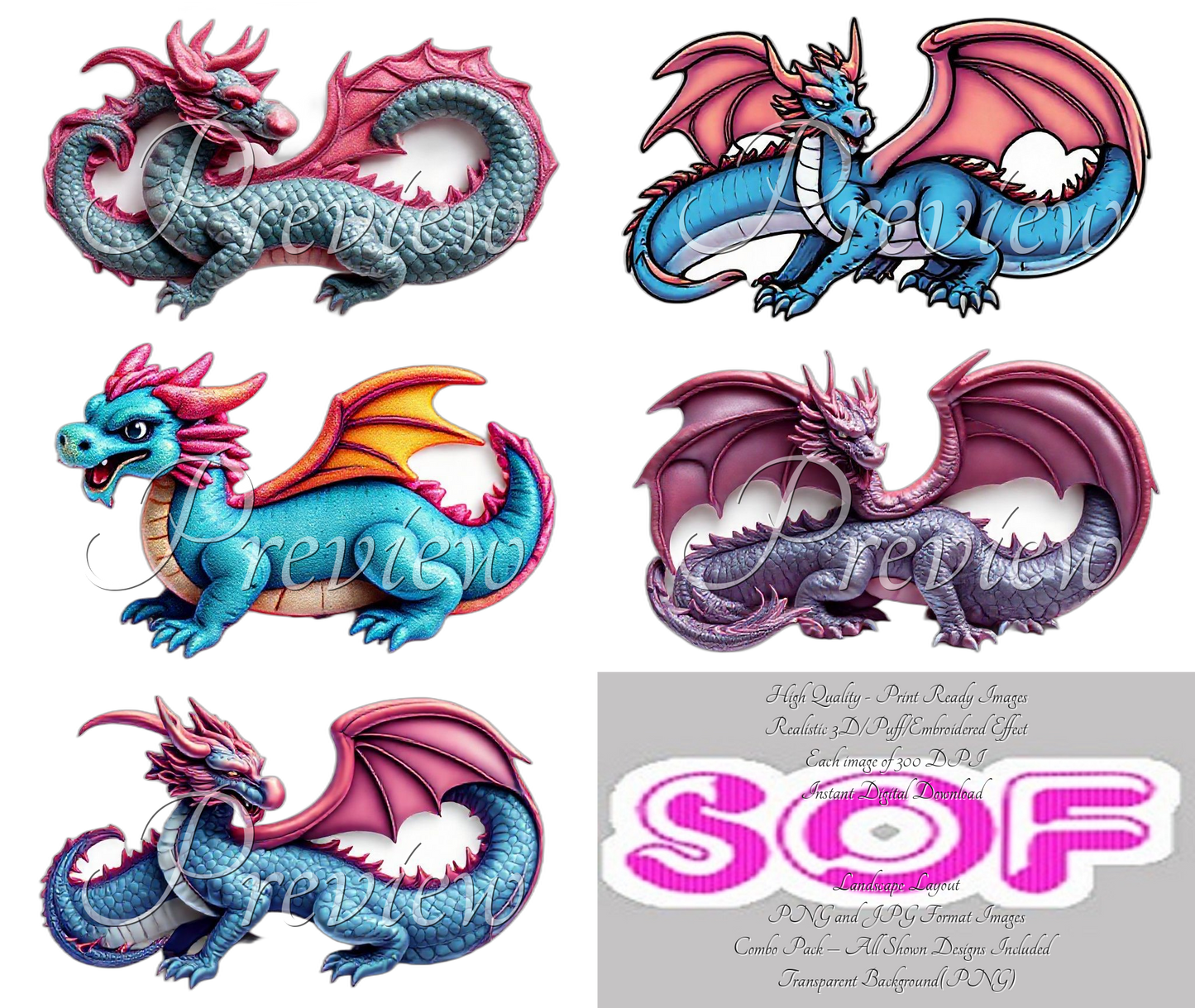 Dragon #set2 Theme Pack of 5 Digital Images – 300 DPI Printable Art