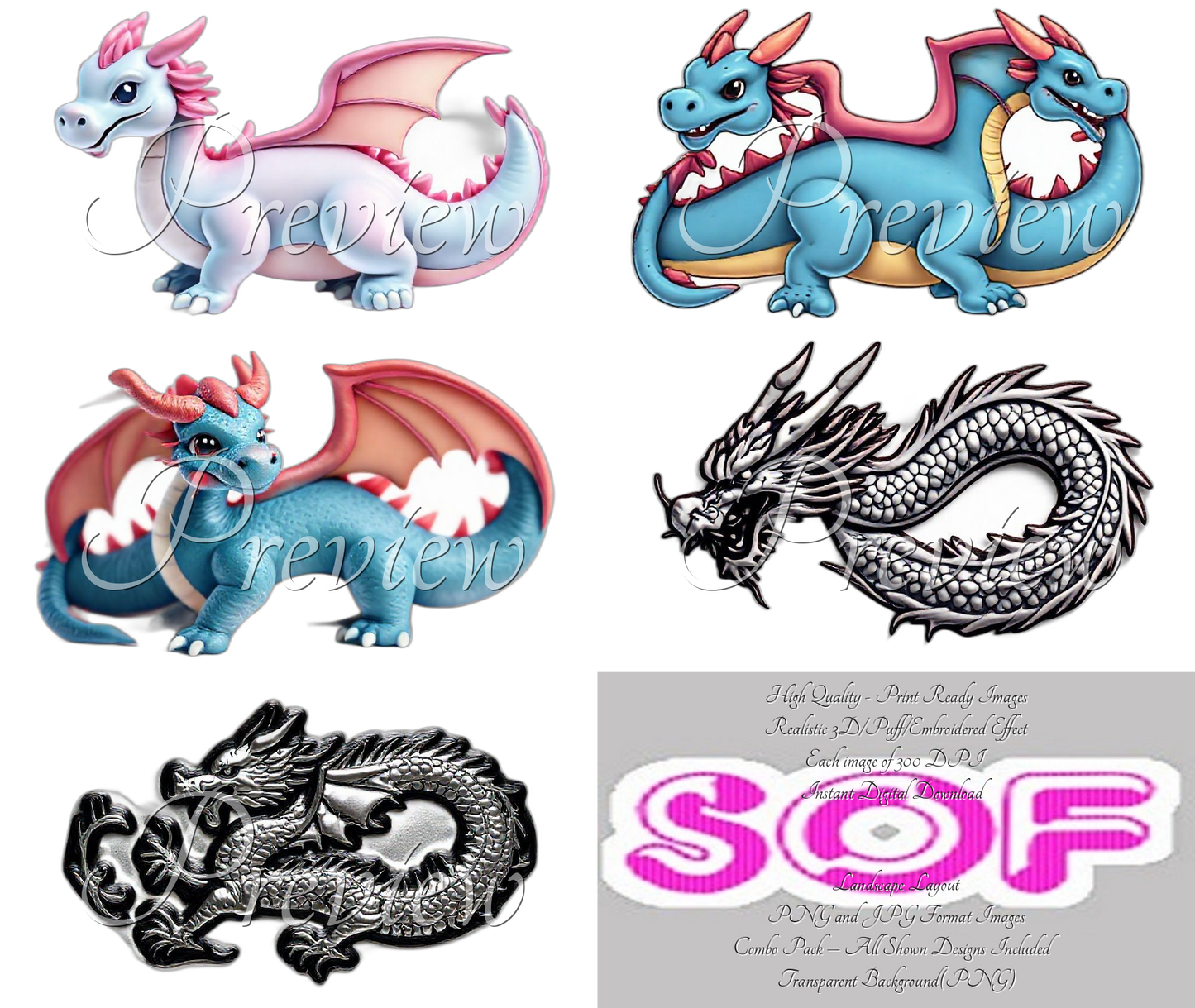 Dragon #set4 Theme Pack of 5 Digital Images – 300 DPI Printable Art