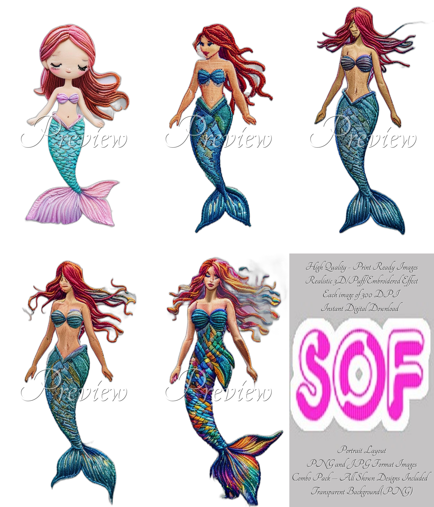 Fantasy Mermaid #style1 Theme Pack of 5 Digital Images | 300 DPI Printable Art | Print on Demand Images