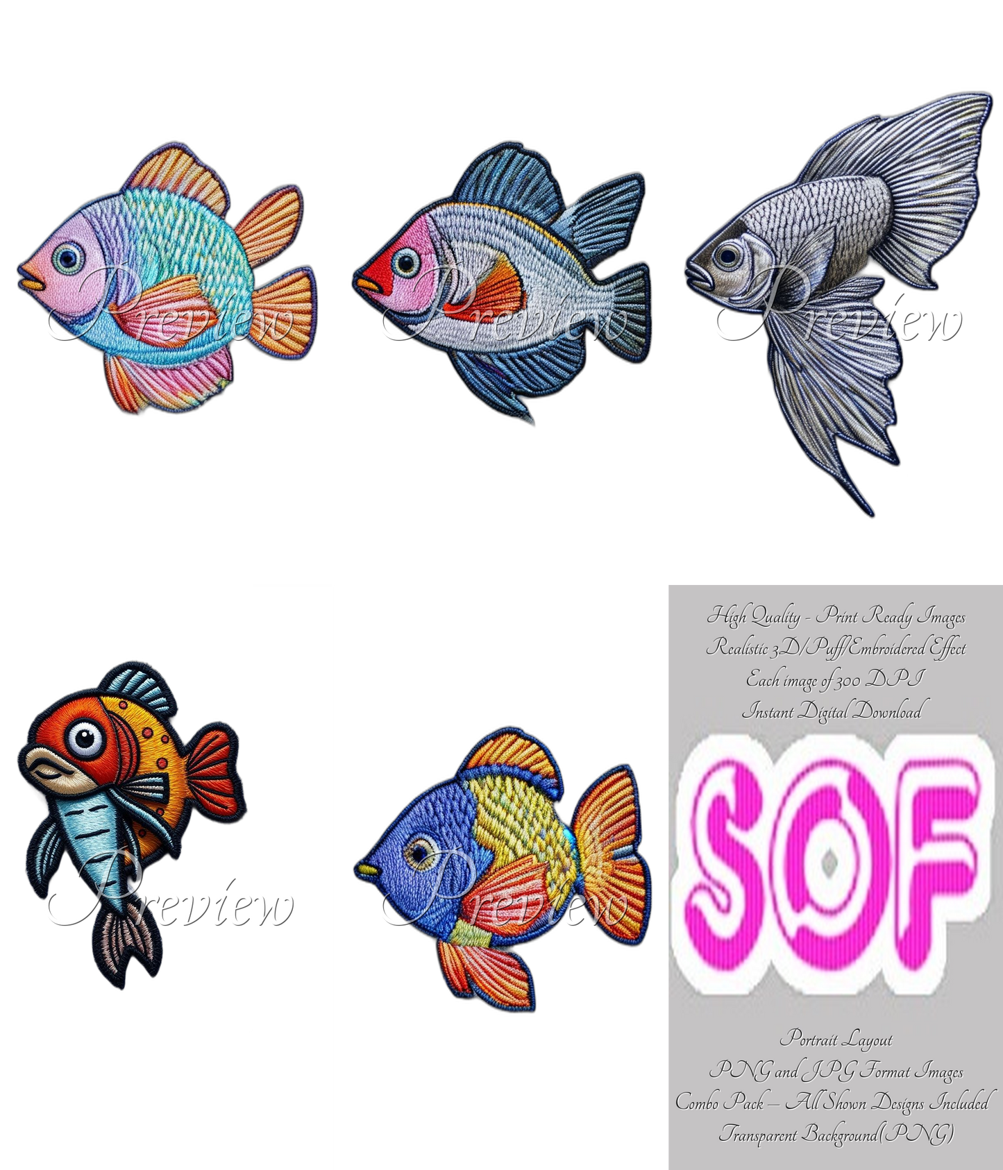 Colorful Fish #style1 Theme Pack of 5 Digital Images | 300 DPI Printable Art | Print on Demand Images