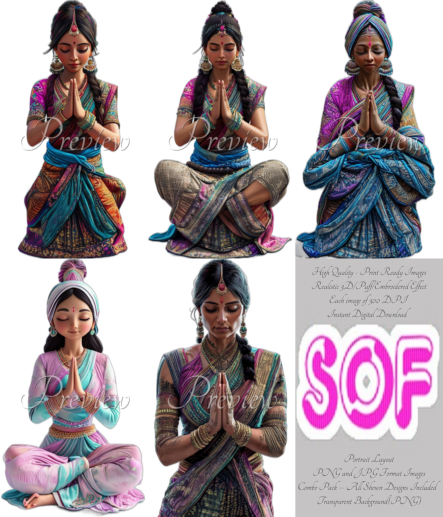 Indian Woman Namaste #style2 Theme Pack of 5 Digital Images | 300 DPI Printable Art | Print on Demand Images