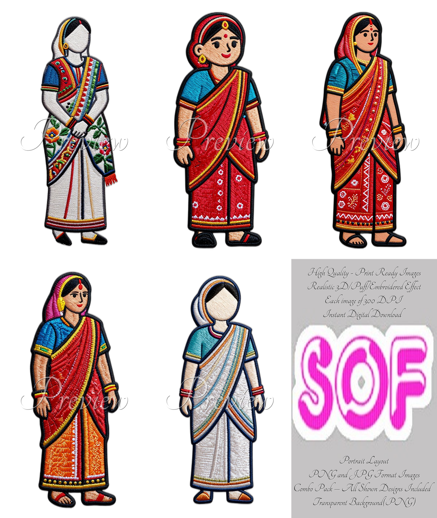 Indian Village Lady #style1 Theme Pack of 5 Digital Images | 300 DPI Printable Art | Print on Demand Images
