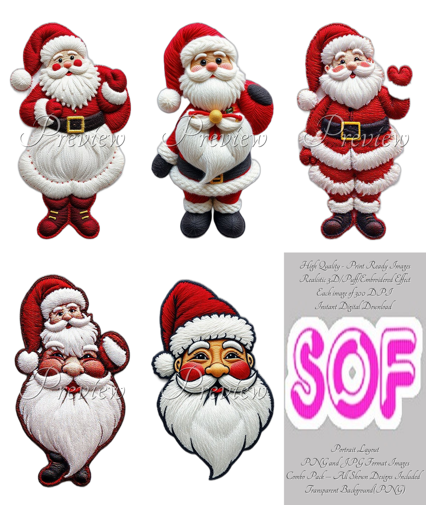 Santaclaus-Christmas Theme Pack of 5 Digital Images |  300 DPI Printable Art | Images for Print on Demand