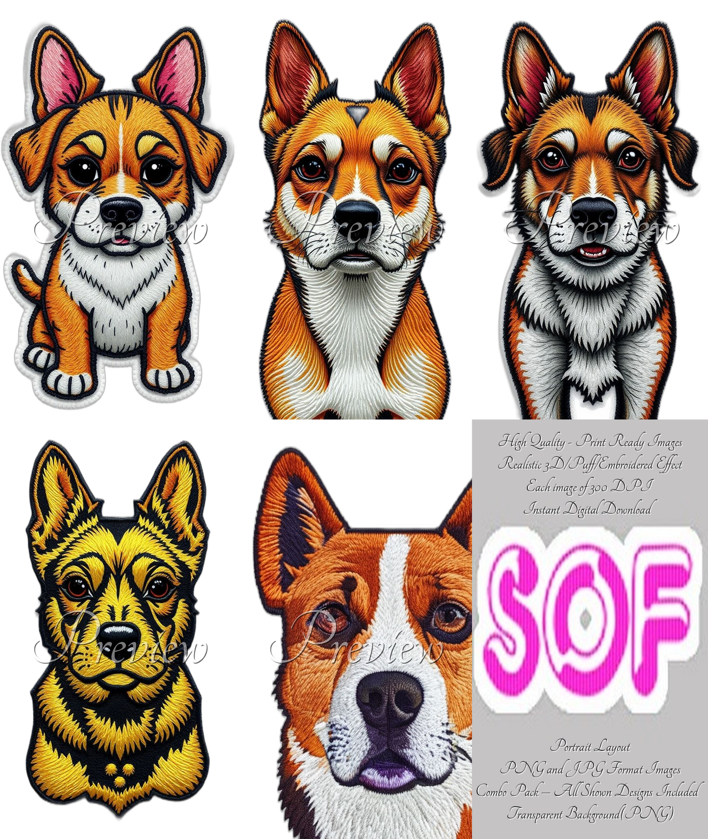 Dog #style3 Theme Pack of 5 Digital Images – 300 DPI Printable Art | Instant Download