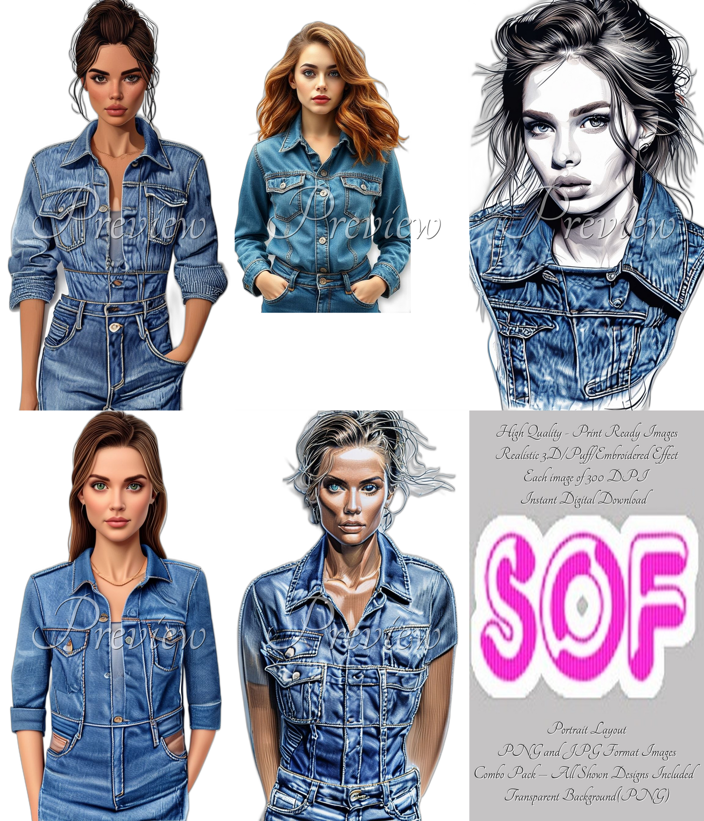 Woman in Denim #style1 Theme Pack of 5 Digital Images | 300 DPI Printable Art | Print on Demand Images