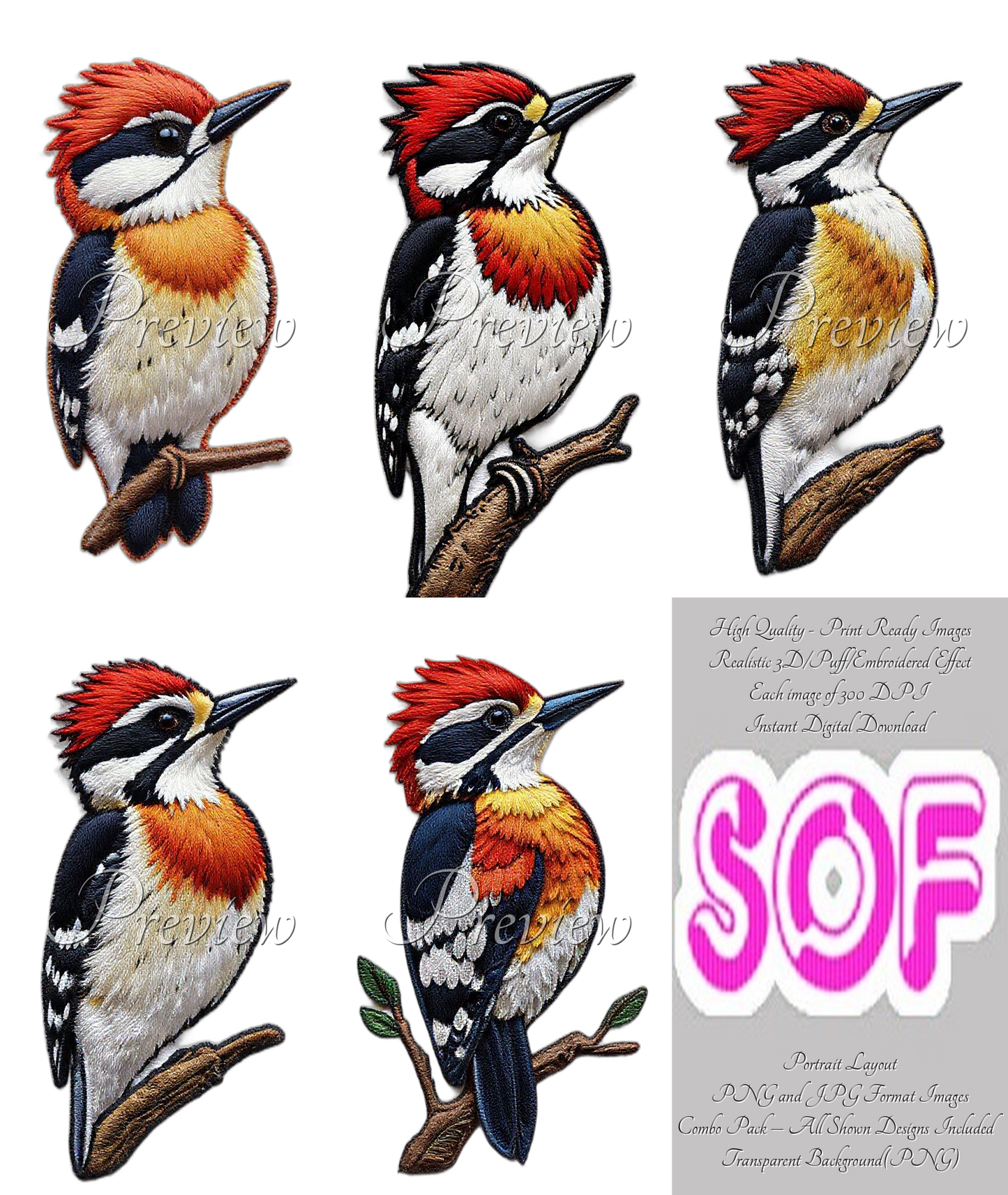Wood Pecker Theme Pack of 5 Digital Images | 300 DPI Printable Art | Print on Demand Images
