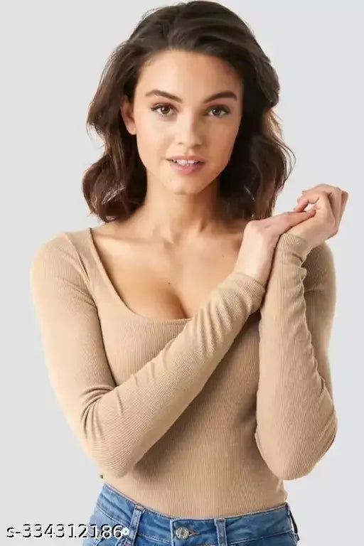 Women Casual Wear Deep Round Neck Full Sleeve Cotton Blend Ribbed Top for women and girls