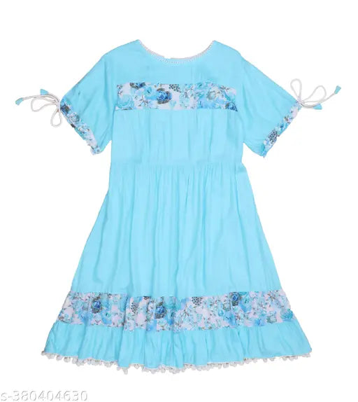 Nature Craft Sky Blue Rayon Floral Half  Sleeve Round Neck Full Length Women Dress