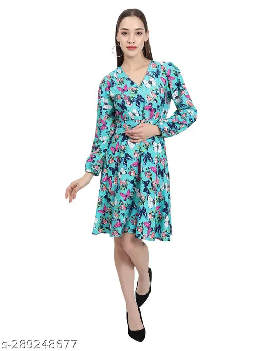 Nature Craft Women Sky Blue Crepe V-neck Floral Print A-Line Dress