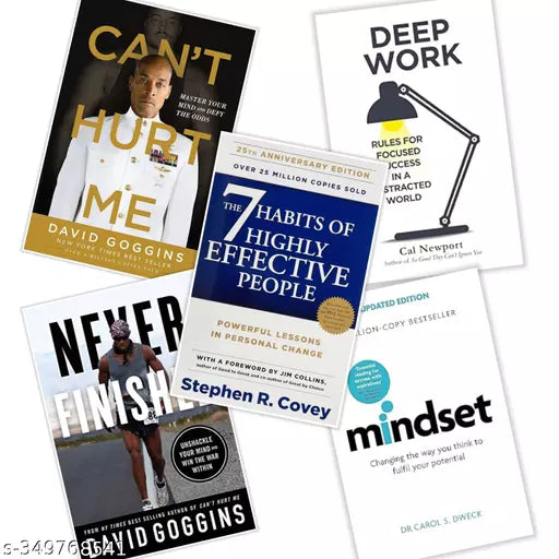 SETS of 5 books + 1Book free - CANT HURTME + DEEP WORK + 7 HABITS OF HIGHLY EFFECTIVE PEOPLE + NEVER FINISHED + MINDSET(Free) - Paperback