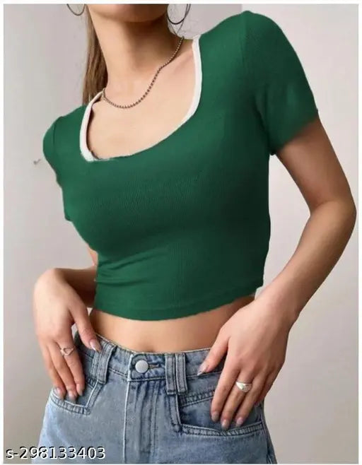 Deep Neck Short Sleeve Contrast Top