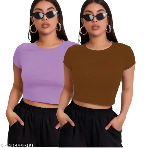 Combo (Pack Of 2 ) Round Neck Short Sleeve Fashionable Top For Woman