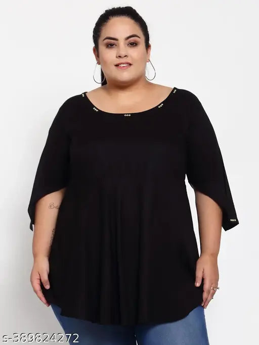 FAZZN Plus-Size Black Rayon Boat Neck Three Quarter Sleeves Top