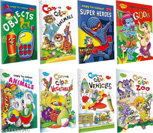 Objects  Animals  Super Heroes  Gods  Baby Animals  Vegetables  Vehicles and Zoo Colouring book for kids : Copy colouring book  Kids colouring book   Coloring book for preschoolers - Set of 8 colouring books
