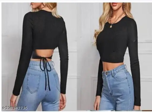 Round Neck Full Sleeve Back String Top